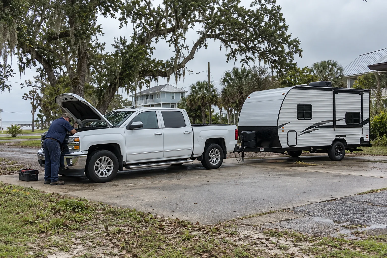 Generated illustration of a mobile mechanic working beside a parked vehicle in a the Mississippi Gulf Coast setting