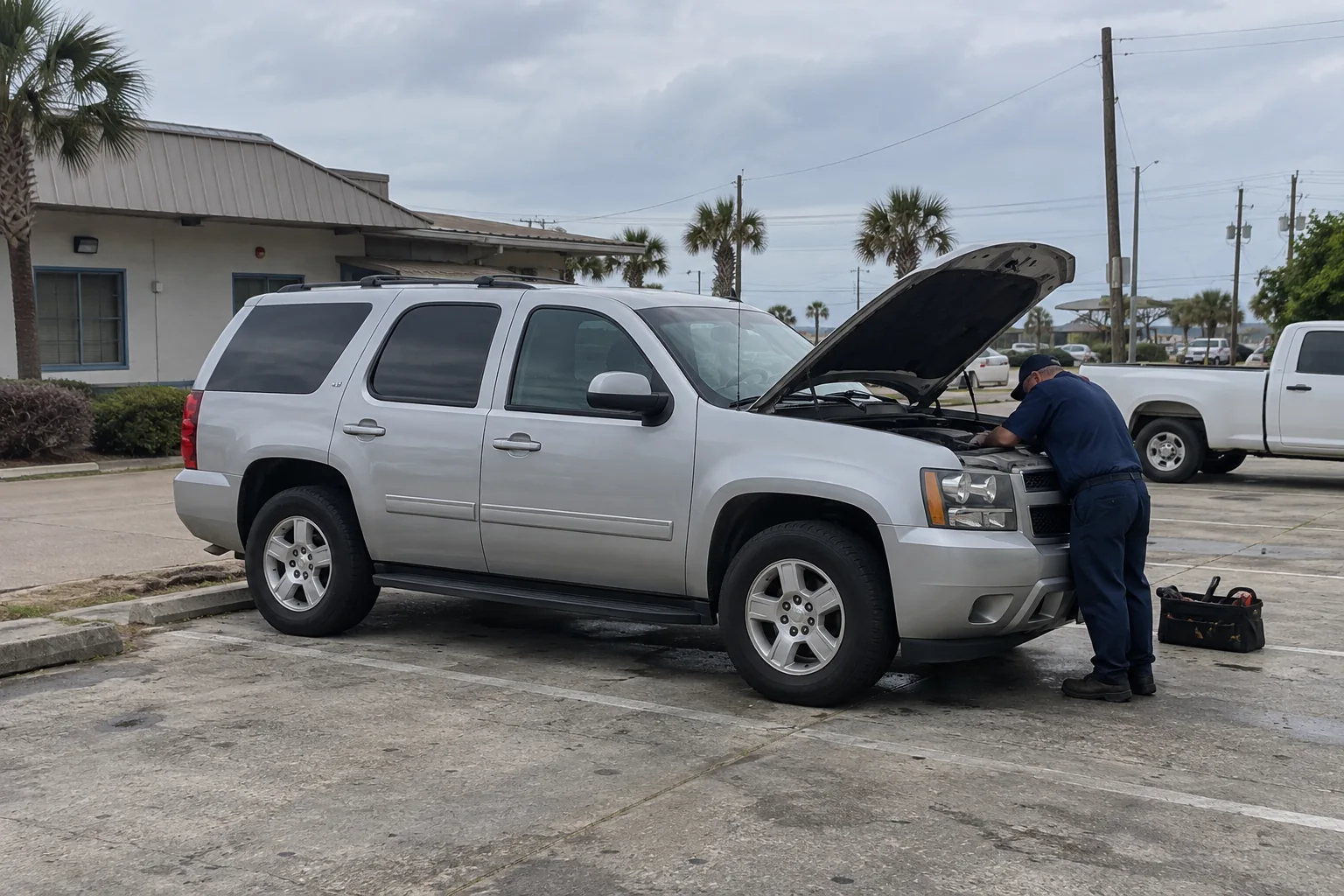 Generated illustration of a mobile mechanic working beside a parked vehicle in a the Mississippi Gulf Coast setting