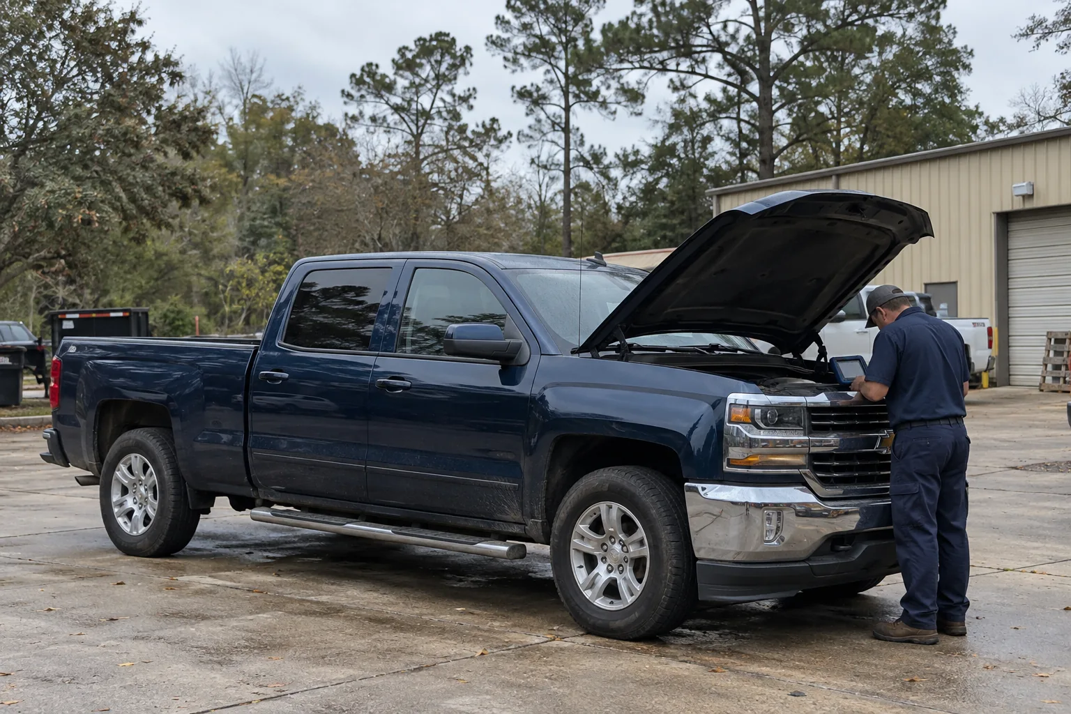 Generated illustration of a mobile mechanic working beside a parked vehicle in a the Northshore setting