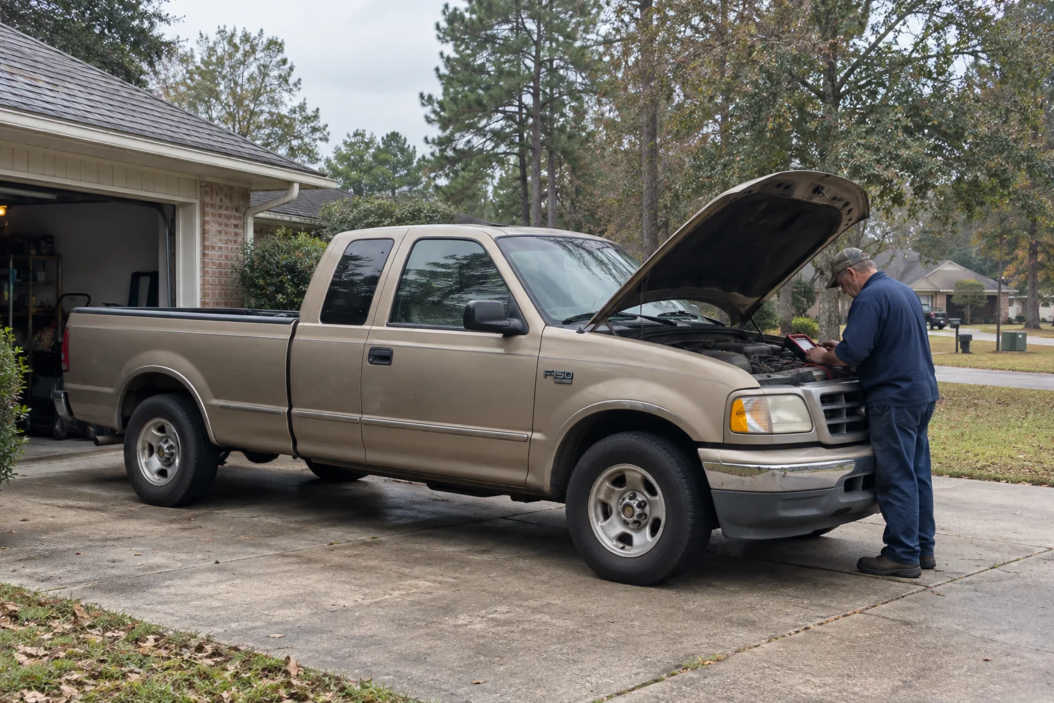 Generated illustration of a mobile mechanic working beside a parked vehicle in a Livingston Parish setting