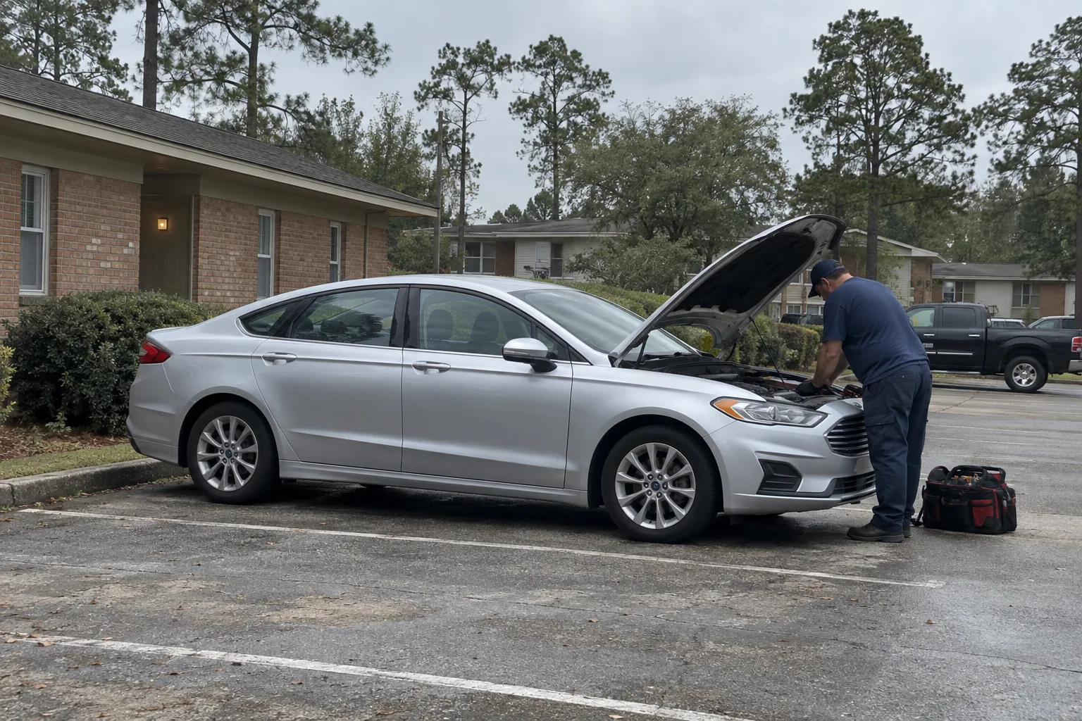 Generated illustration of a mobile mechanic working beside a parked vehicle in a Tangipahoa Parish setting