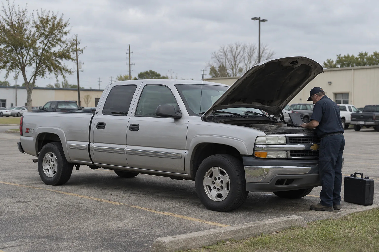 Generated illustration of a mobile mechanic working beside a parked vehicle in a Acadiana setting