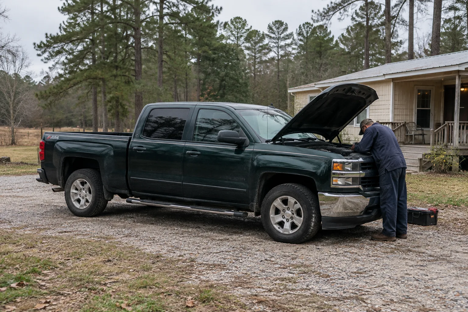 Generated illustration of a mobile mechanic working beside a parked vehicle in a Livingston Parish setting