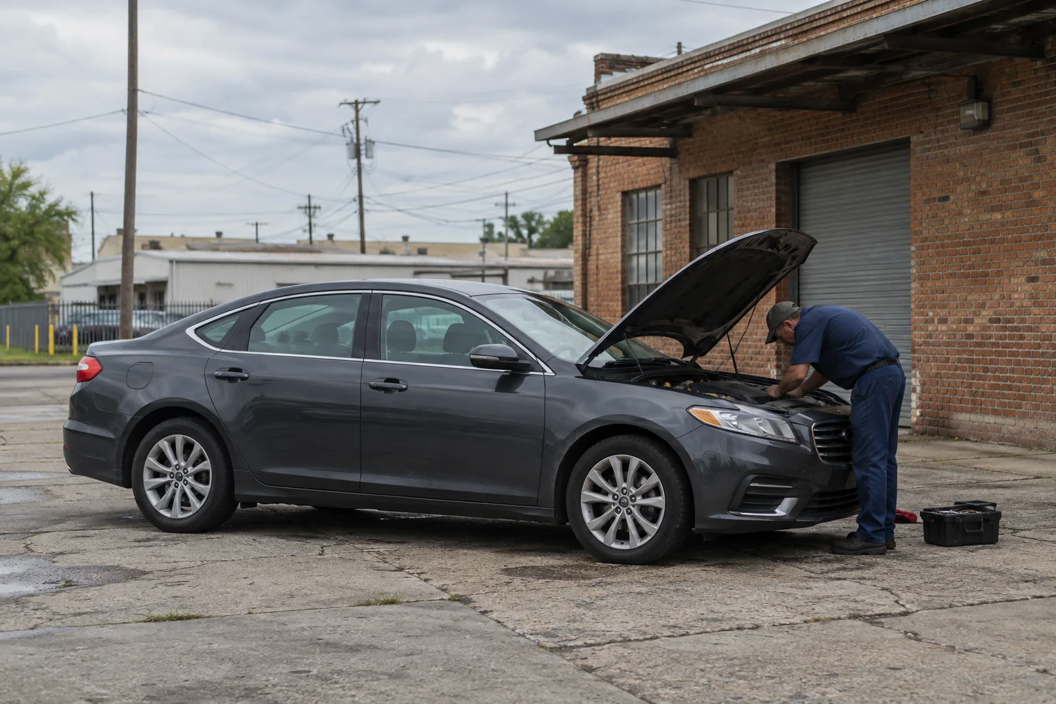 Generated illustration of a mobile mechanic working beside a parked vehicle in a New Orleans metro setting
