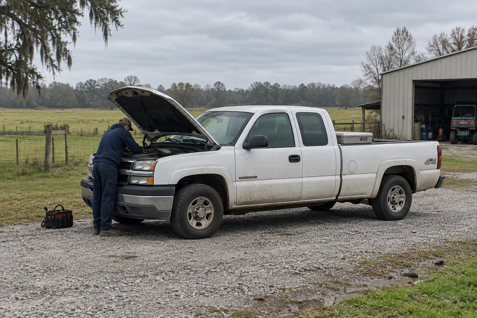 Generated illustration of a mobile mechanic working beside a parked vehicle in a rural Louisiana setting