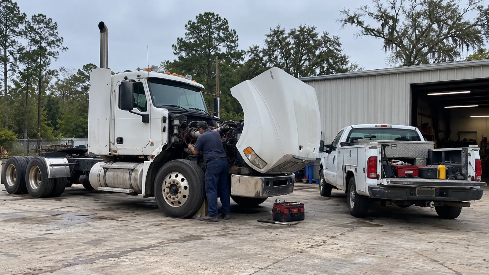 Illustration of mobile diesel repair in a Louisiana mobile-service setting