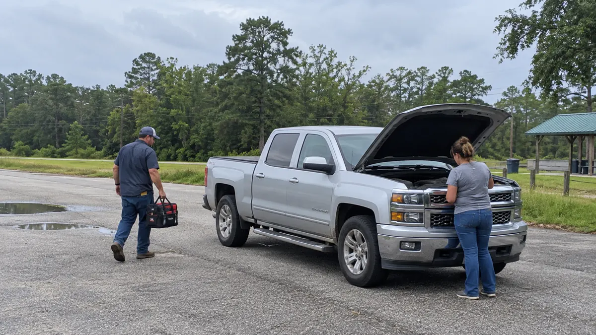 Illustration of how 24/7 roadside mechanic assistance works at your location in a Louisiana mobile-service setting