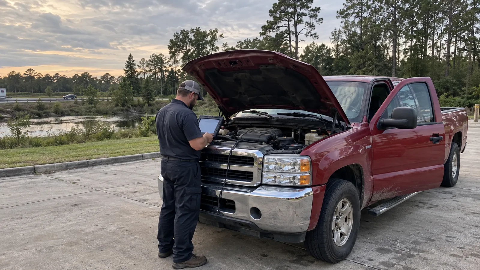 Illustration of mobile computer diagnostics in a Louisiana mobile-service setting
