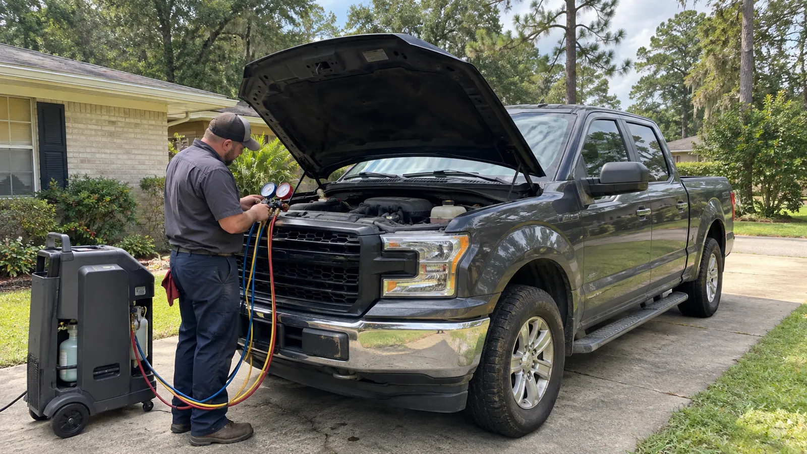 Illustration of mobile a/c and heating repair in a Louisiana mobile-service setting