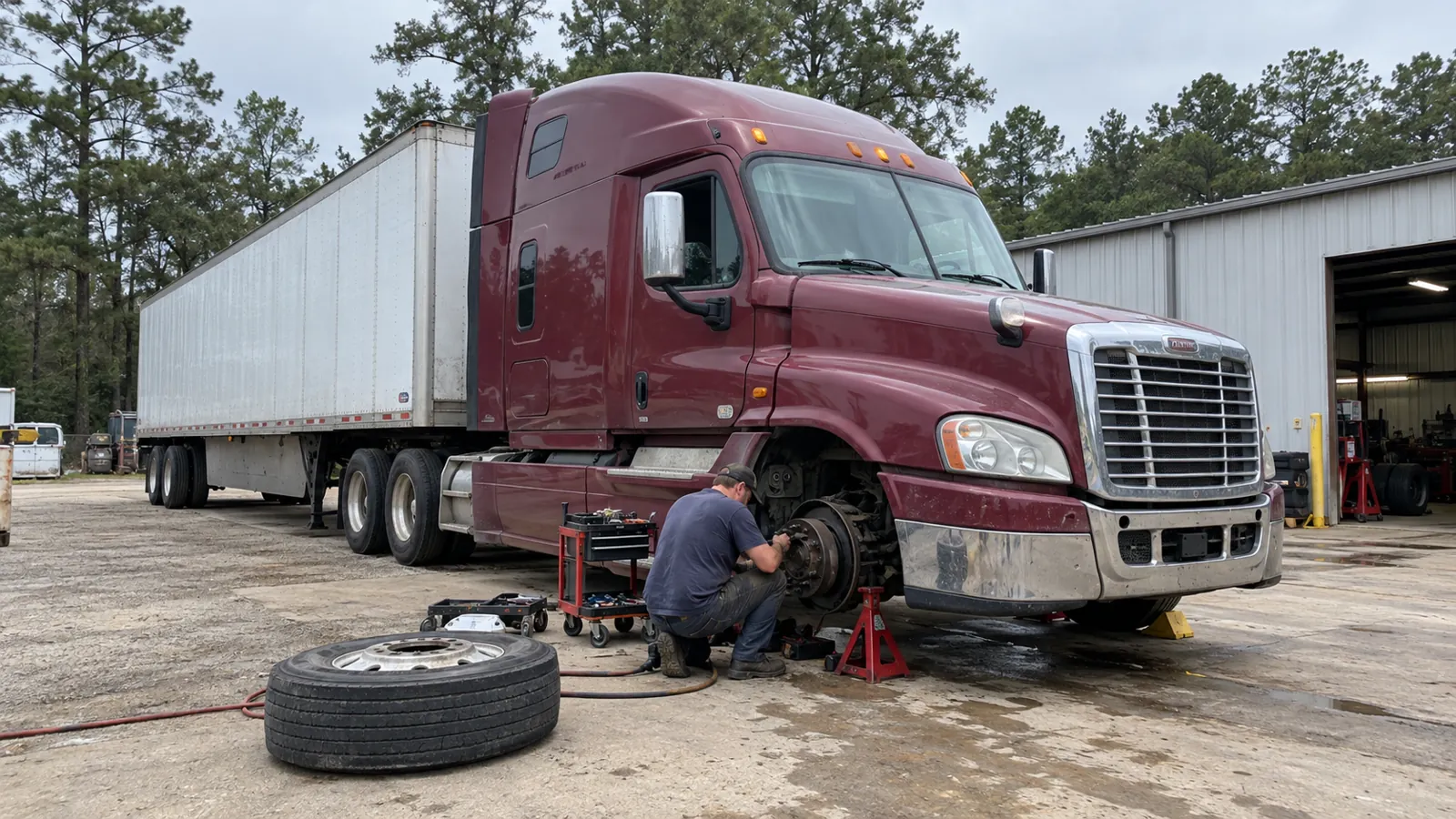 Illustration of mobile brake repair in a Louisiana mobile-service setting