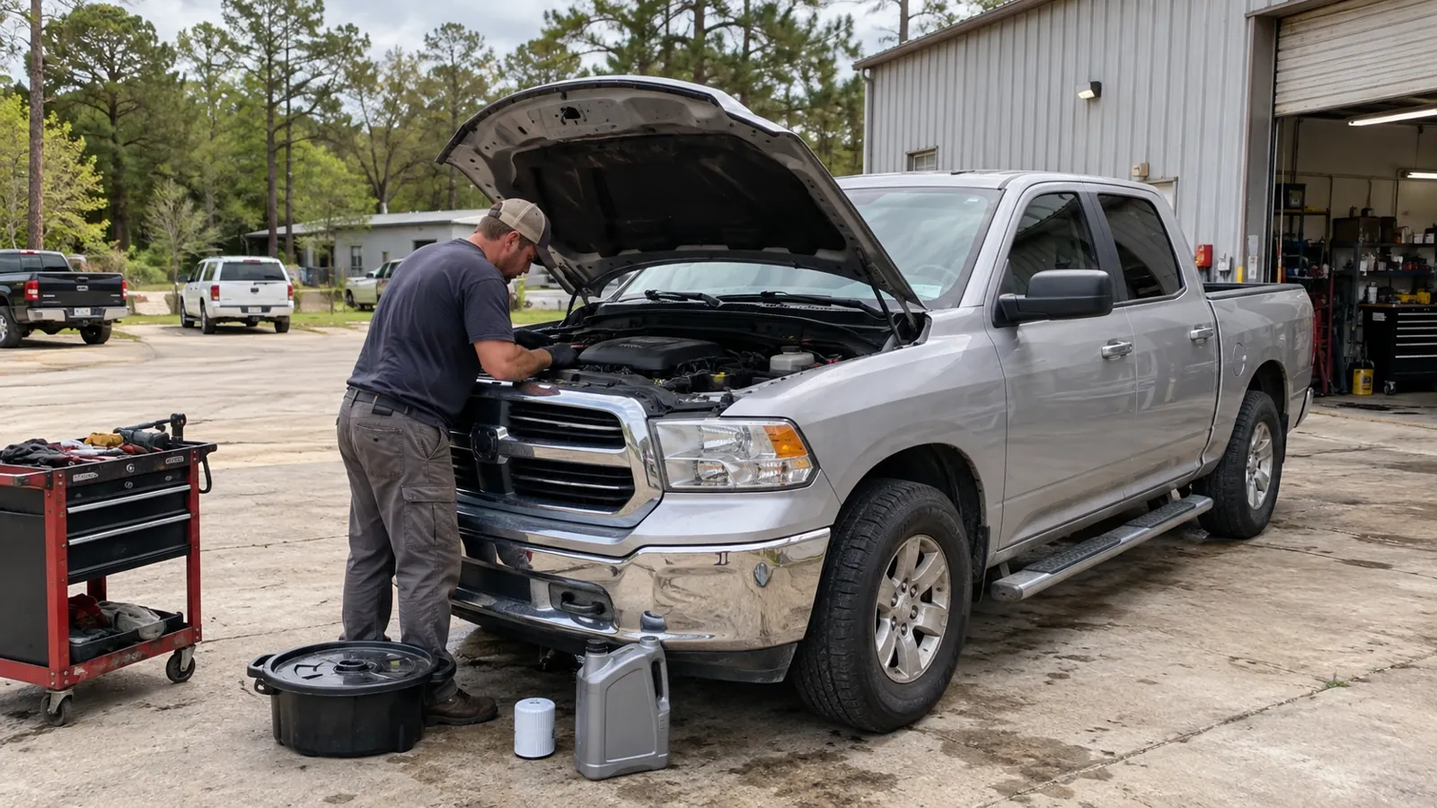 Illustration of mobile oil and filter changes in a Louisiana mobile-service setting