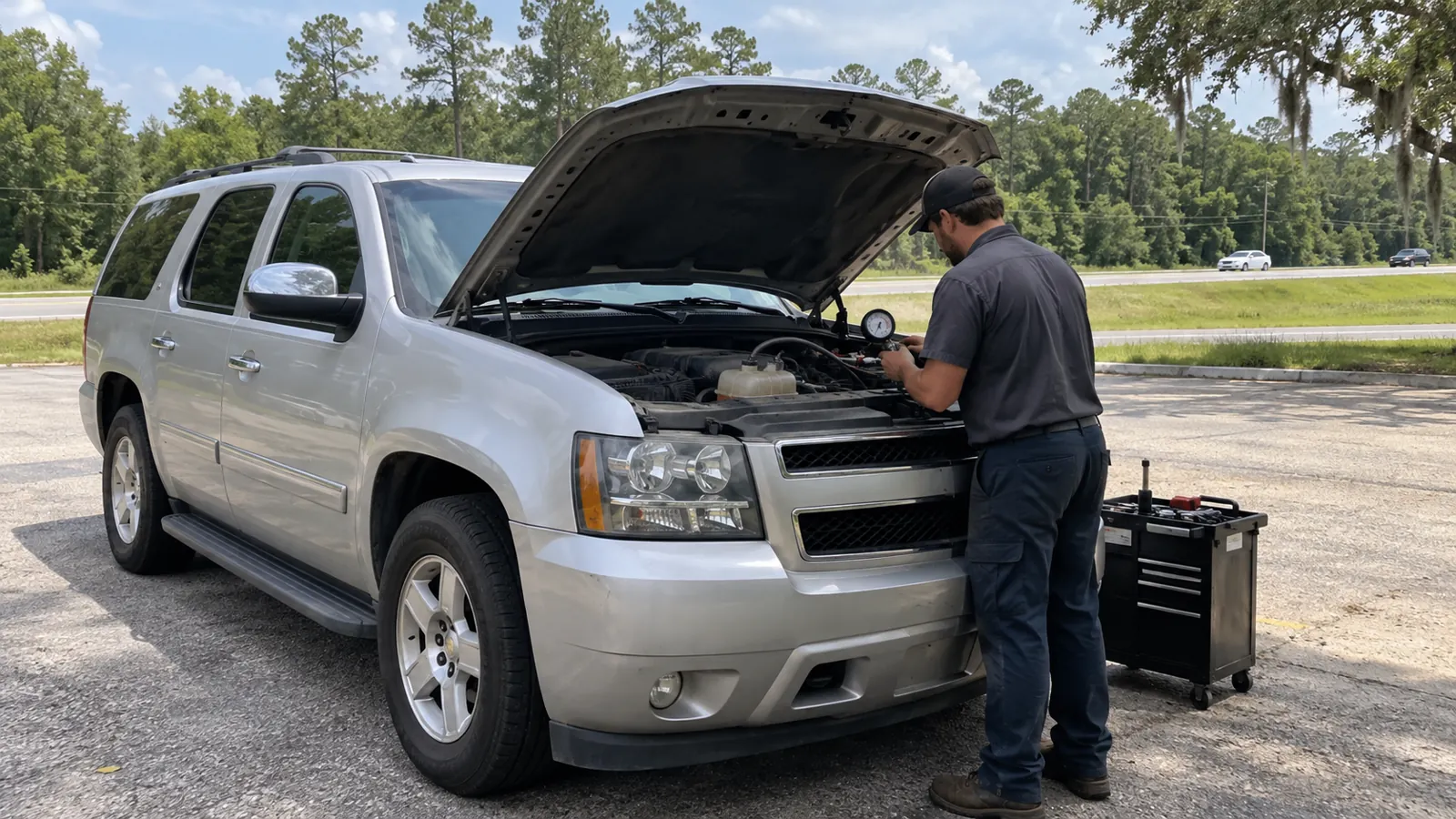 Illustration of mobile cooling system repair in a Louisiana mobile-service setting