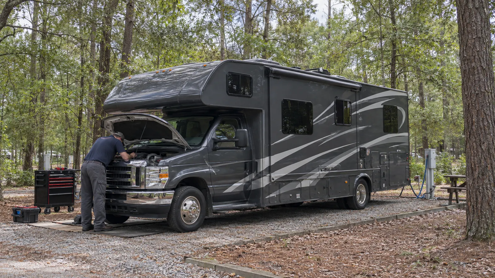 Illustration of mobile rv mechanical repair in a Louisiana mobile-service setting